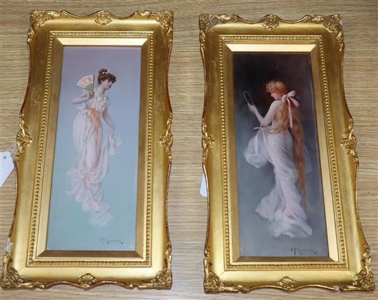 Charles Frederick Lowcock (act. 1878-1922), a pair of full-length studies of elegant young ladies, signed, oil on board, 28 x 10.5cm